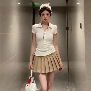修身 时尚 T恤女夏韩系辣妹短款 美式 显瘦上衣服 正肩POLO领纯棉短袖