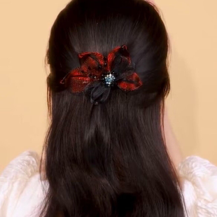 韩式高端网纱弹簧夹蝴蝶结发夹女盘发头饰发卡一字夹马尾半扎发饰