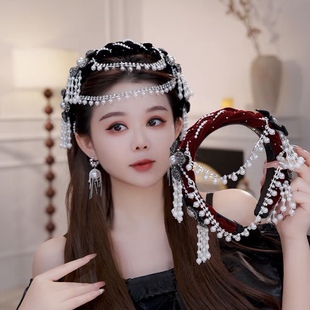 一帘幽梦宽边发箍手工编织民族风发饰花朵可拆卸流苏珠珠法式头饰