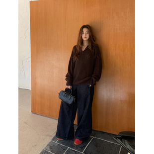 SIXI四喜家 纽约街区 分割立体裁剪直筒阔腿牛仔裤女冬卷边休闲裤