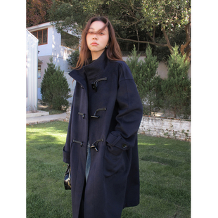 SIXI四喜家 圣马丁学院 重磅立领牛角扣大衣女秋冬宽松廓形长风衣