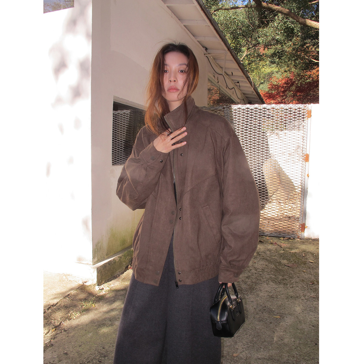 SIXI四喜家 琥珀流光 复古设计感立领麂皮夹克棉服女秋冬拉链外套