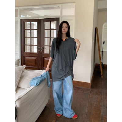 SIXI四喜家 奶皮面膜tee 简约纯色短袖T恤女夏宽松中长款睡衣裙