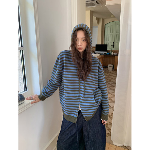 复古vibe条纹连帽拉链衫毛衣女