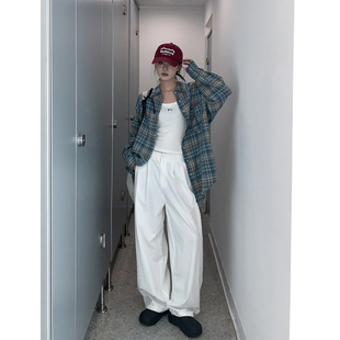阔腿老爹裤 SIXI四喜家秋季 裤 女宽松透气工装 皱感白色直筒休闲裤