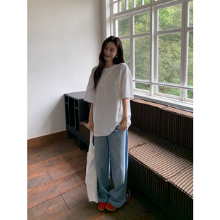 SIXI四喜家 苏黎世夏天 手工刺绣花朵短袖T恤女宽松大版上衣Tee