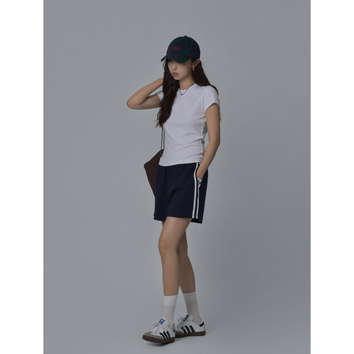 松紧腰韩女直腿美式运动短裤