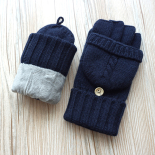 瑞迪卡欧秋冬男士羊毛毛线双层加绒加厚针织保暖翻盖半指触屏手套