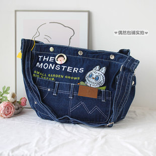 美式 复古刺绣帆布牛仔包卡通可爱学院风学生大容量女托特斜挎包包