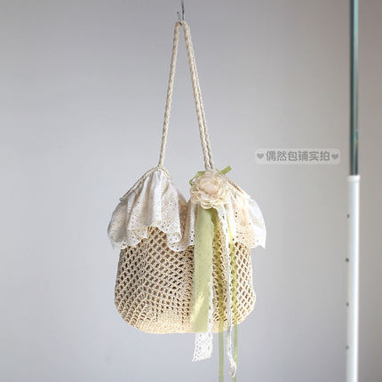 偶然包铺田园风森系复古仙女蕾丝荷叶花边棉线编织手提包单肩包包