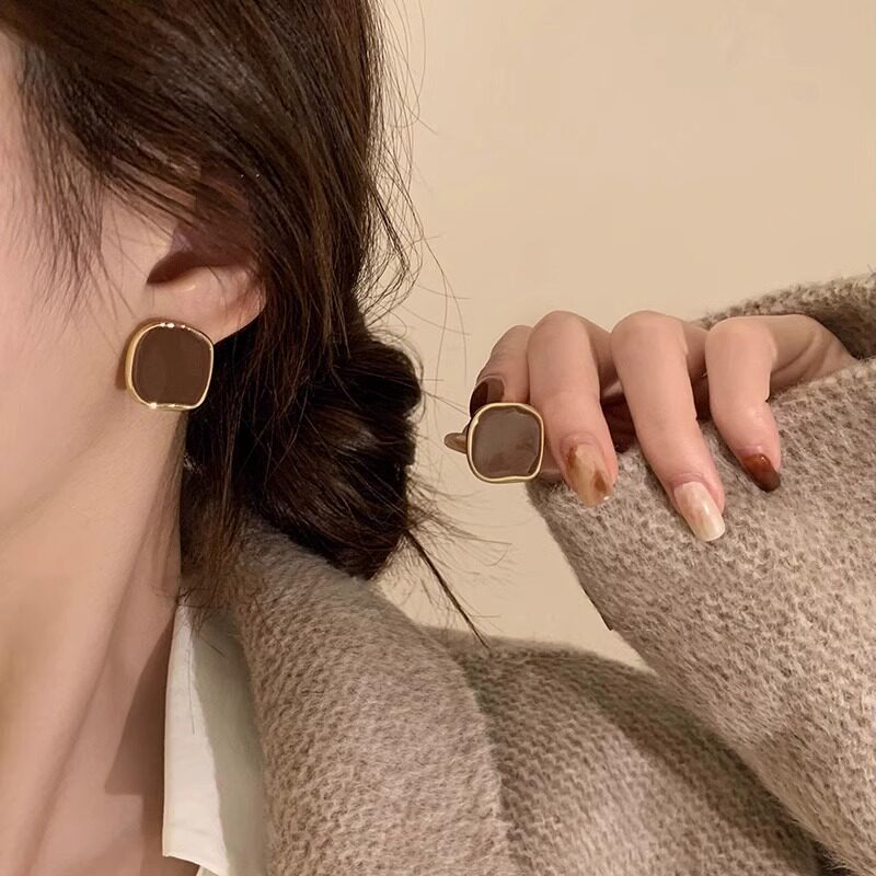 韩国【设计师】S925银针红色系方块滴油耳环女耳钉小众设计感耳饰
