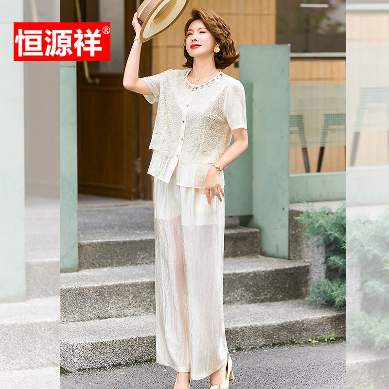 恒源祥亚麻短袖中老年女装两件套