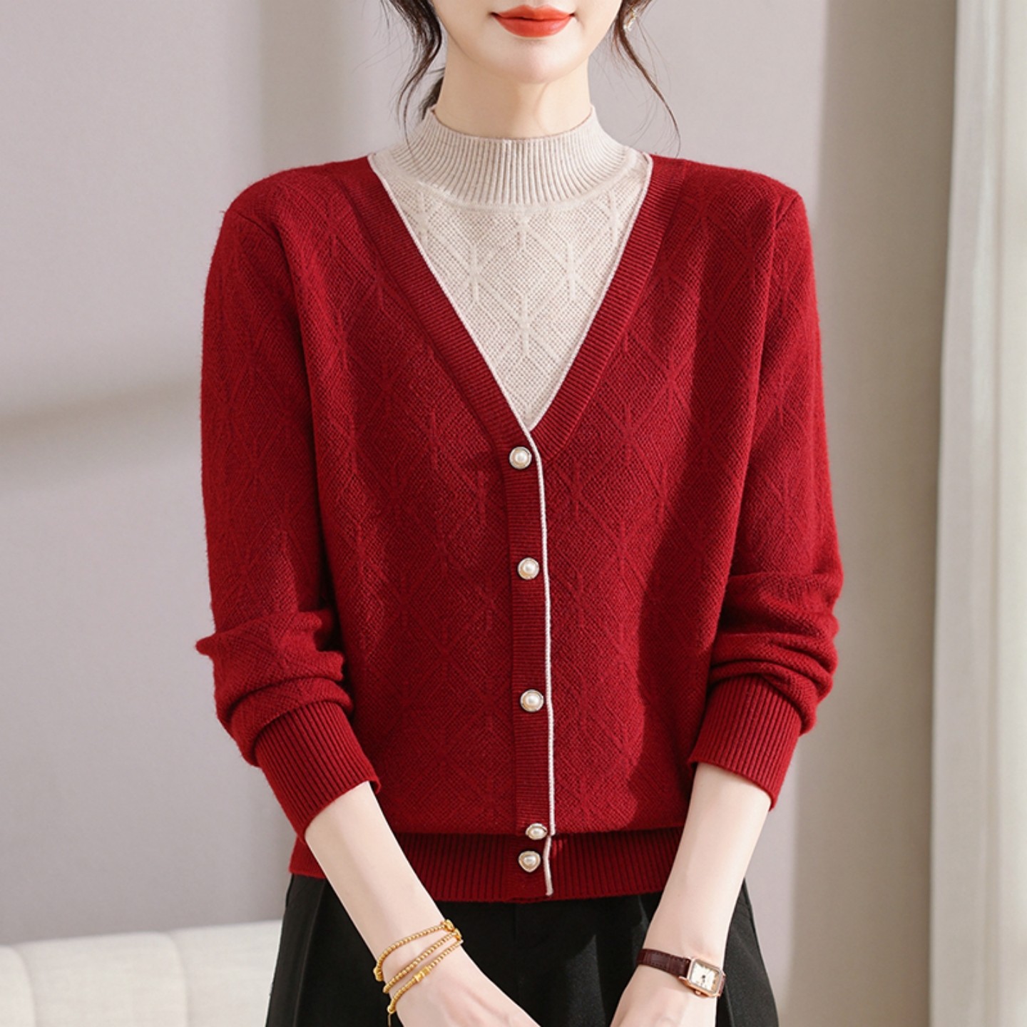 恒源祥妈妈冬装毛衣加绒保暖内搭中老年女装一体绒加厚针织打底衫