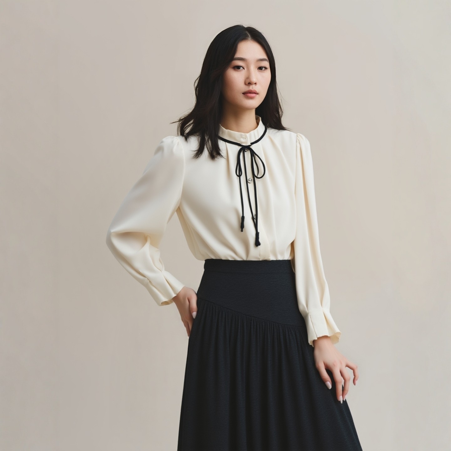 N539~【商场同步】25年秋温柔时尚花边立领系带单排扣宽松衬衫女