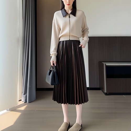 小个子遮胯百褶半身皮裙女