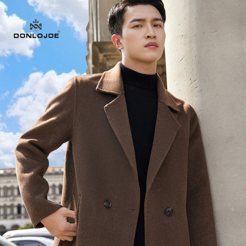 Donlojoe羊毛双面呢大衣男士中长款过膝双面外套西装领毛呢子风衣