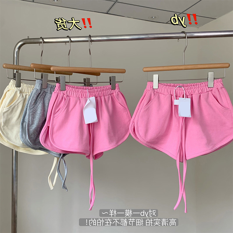 速发玫粉色高腰阔感腿2022夏季新款设计裤小众抽绳提臀a字短裤
