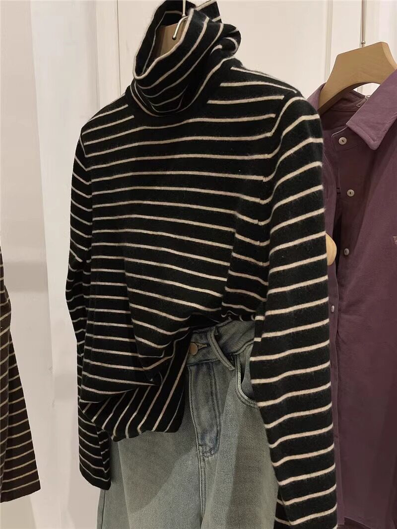 가을과 겨울 여성용 레트로 대비 스트라이프 터틀넥 바닥 셔츠 얇은 벨벳 두꺼운 긴팔 탑이 있는 새로운 슬림핏 내부 레이어