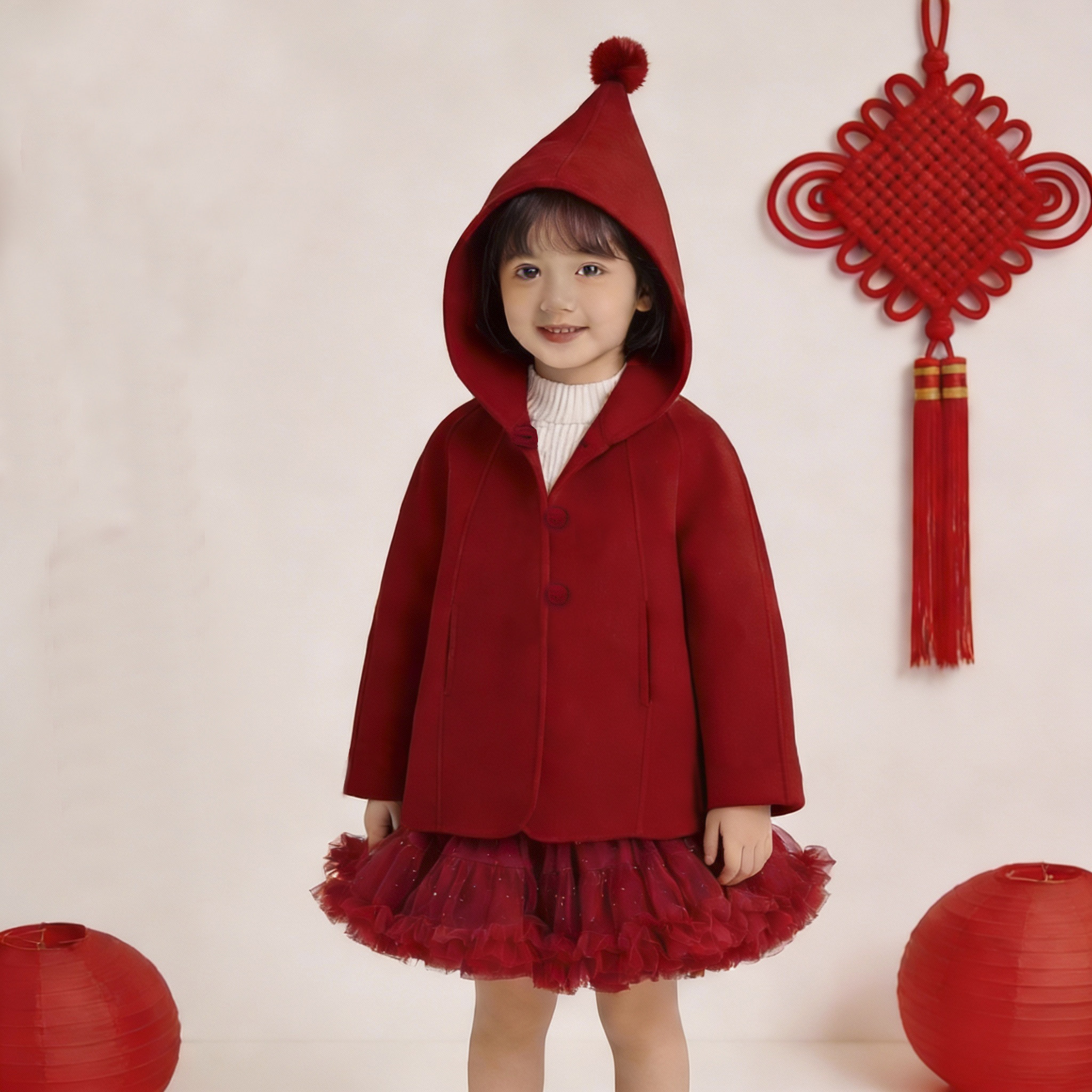 100%羊毛双面呢女童大衣新年红小红帽连帽拜年服羊毛呢外套