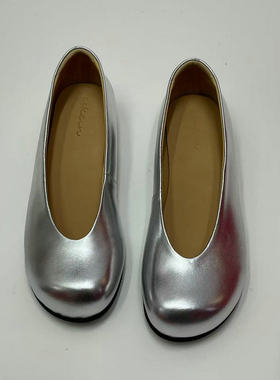 ESKEIN法式全羊皮方头时尚奶奶鞋银色35-43码大码宽胖肥脚