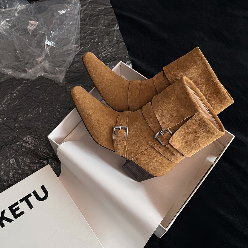 2025新款真皮复古方头磨砂短筒靴宽筒靴西部靴大牌潮款裤管马丁靴