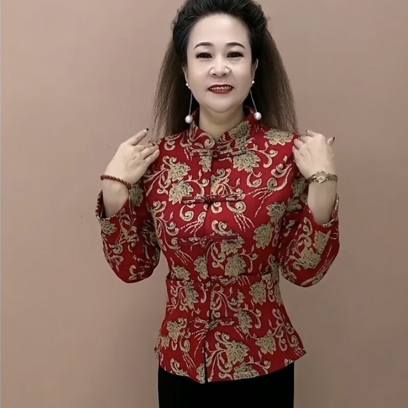 中老年加绒打底衫妈妈装加厚新款阔太太复古盘扣旗袍款唐装上衣女