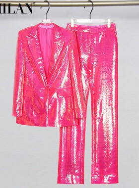 现货2026新款欧美明星BLING亮片玫红西装阔腿长裤套装演出晚礼服