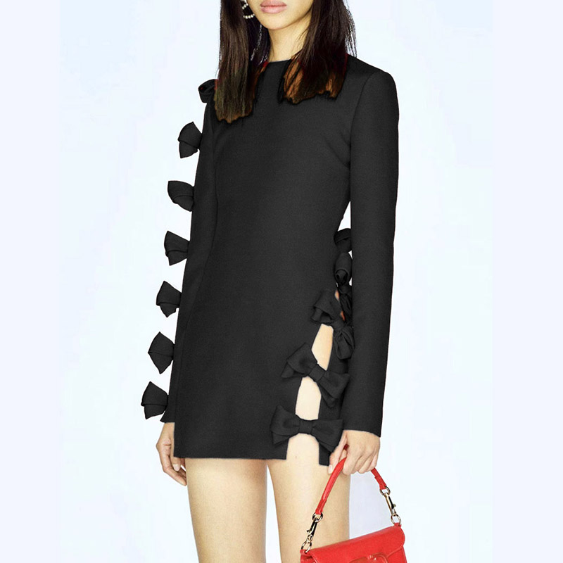 蝴蝶结镂空包臀丝绒连衣裙礼服