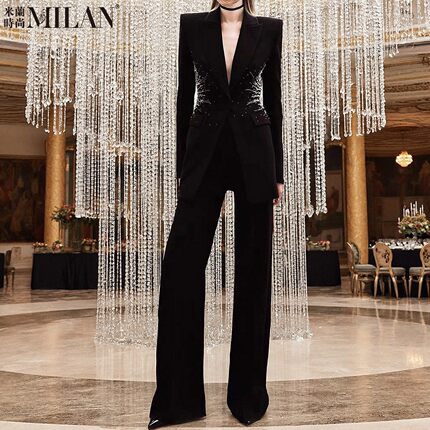 西服套装2026新款欧美明星款重工钉珠镶钻西装微喇裤OL通勤两件套