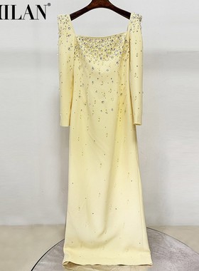 现货2026春新款法式方领长袖钉珠镶钻坠地长款连衣裙晚礼服嫩黄色