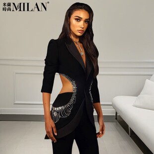 欧美风黑色烫钻镂空露背西装套装女高级感两件套时尚晚宴风礼服女