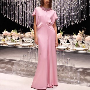 连衣裙 长款 现货2026春夏明星款 晚礼服显白粉色重工钉珠镶钻蝙蝠袖