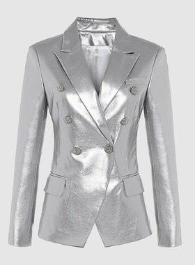 2025新款深圳高货蓝色银色PU皮衣狮子金属扣修身双排扣西装外套女