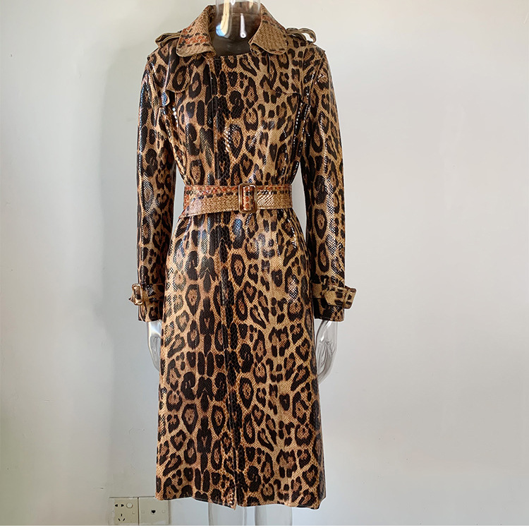 豹纹风衣系腰带过膝长款PU皮衣女