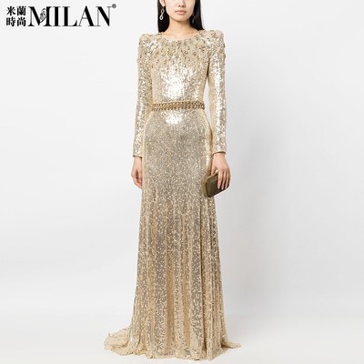 钉珠镶钻金色亮片连衣裙宴会礼服