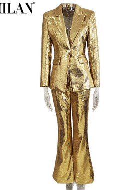 现货2026春欧美明星bling金色亮片西装套装微喇长裤两件套晚礼服