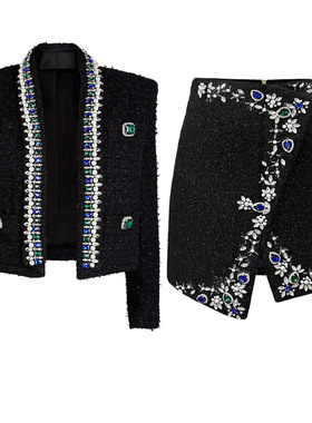 小香风重工镶钻黑色毛呢短外套女高级感粗花呢上衣百搭半裙两件套