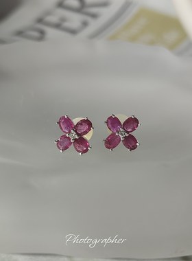 日本中古奢侈品珠宝18k白金四叶草天然红宝石钻石耳钉包邮