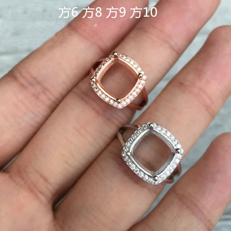 热卖S925纯银镶嵌空托戒指女肥正方刻面6 810戒托diy首饰配件加工