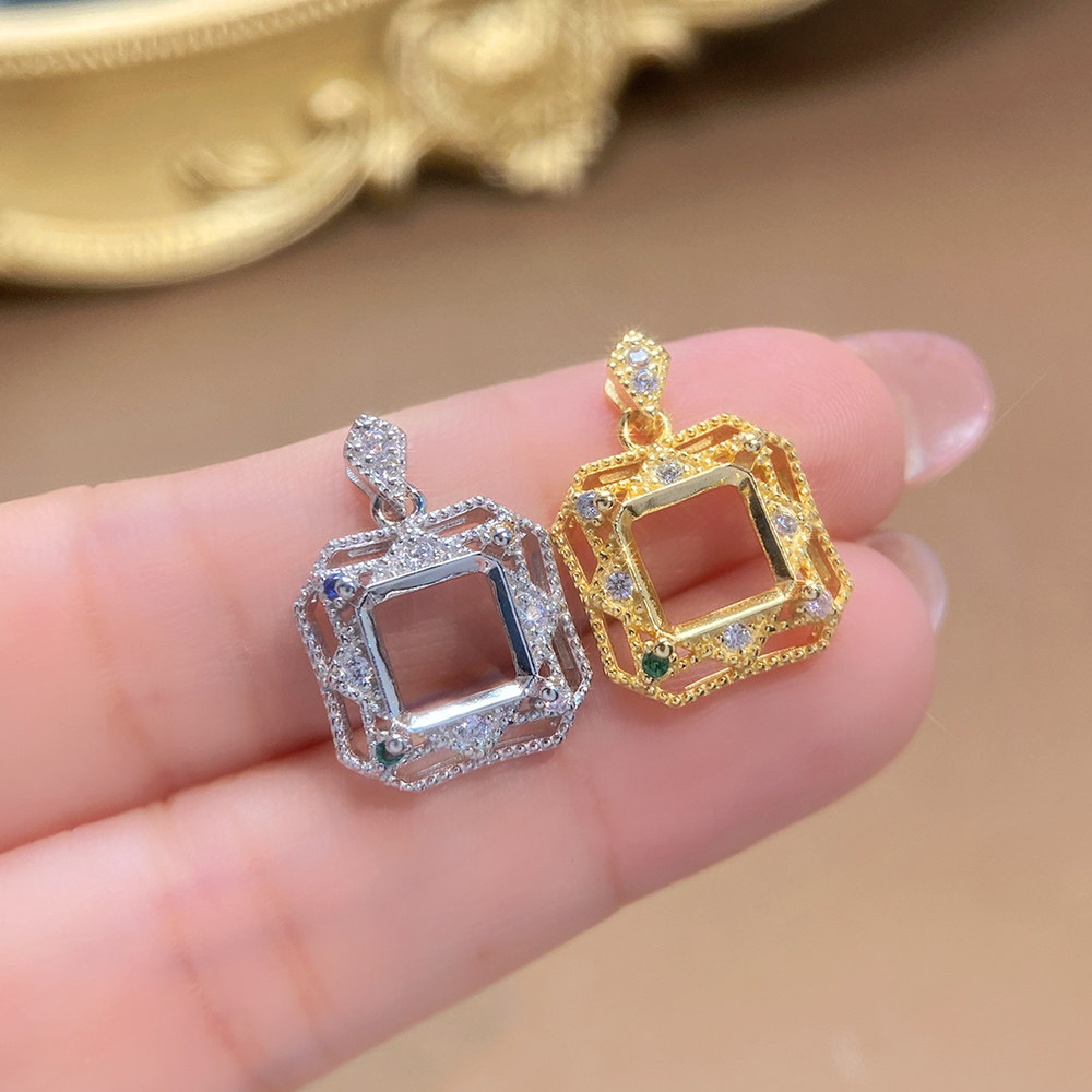 S925纯银镀18k金正方形8*8mm吊坠空托彩宝镶嵌空托DIY配件可定制