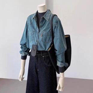 复古港风牛仔衬衫 设计感翻领叠穿休闲外搭衬衣外套 女春秋2025新款