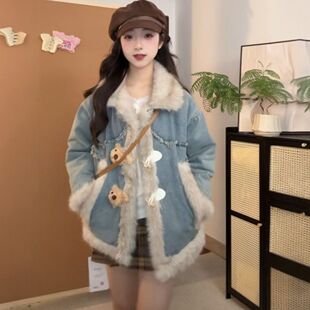 设计感复古牛仔外套女2025秋冬装新款加绒加厚慵懒风学生洋气上衣