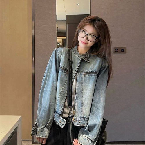 机车风复古立领短牛仔外套女春秋