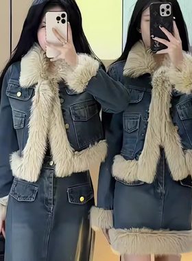 小香风牛仔套装女美拉德复古小个子毛绒短外套长裙冬装搭配一整套