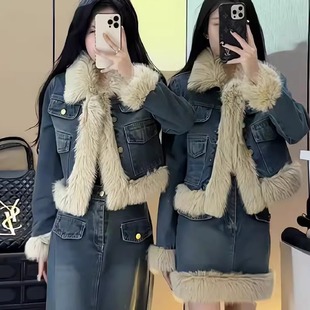 小香风牛仔套装女美拉德复古小个子毛绒短外套长裙冬装搭配一整套