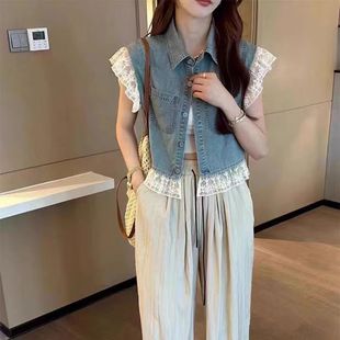 牛仔马甲女2026夏季新款设计感时尚蕾丝花边拼接薄款无袖衬衫外套