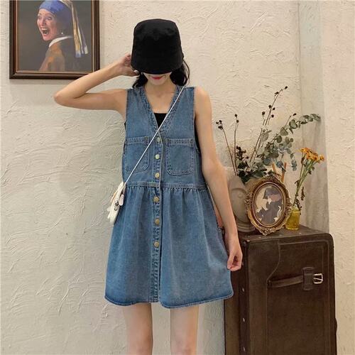 复古牛仔背带裙女小个子吊带裙