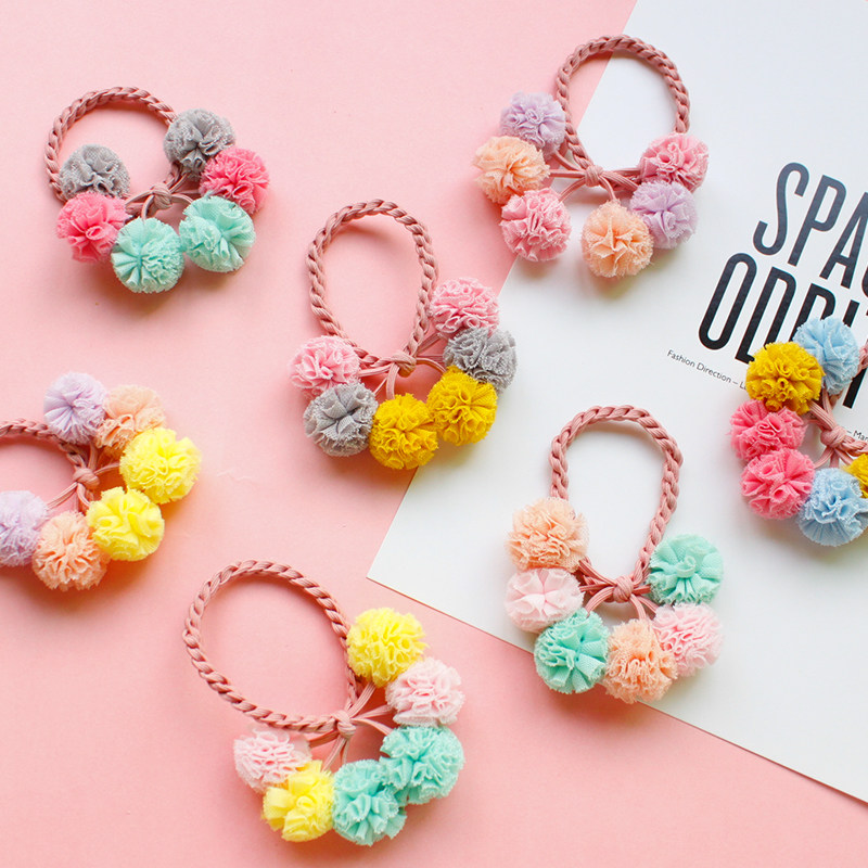 可爱日韩发饰头饰品网纱彩色拼色小毛球球发绳个性发圈宝宝可戴