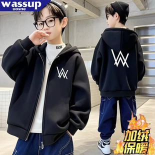 DJ艾伦沃克alanwalker男童加绒连帽拉链外套秋冬款中大童儿童衣服