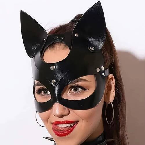 Fancy Synthetic Leather Cat Mask Black Color Chain Harness C